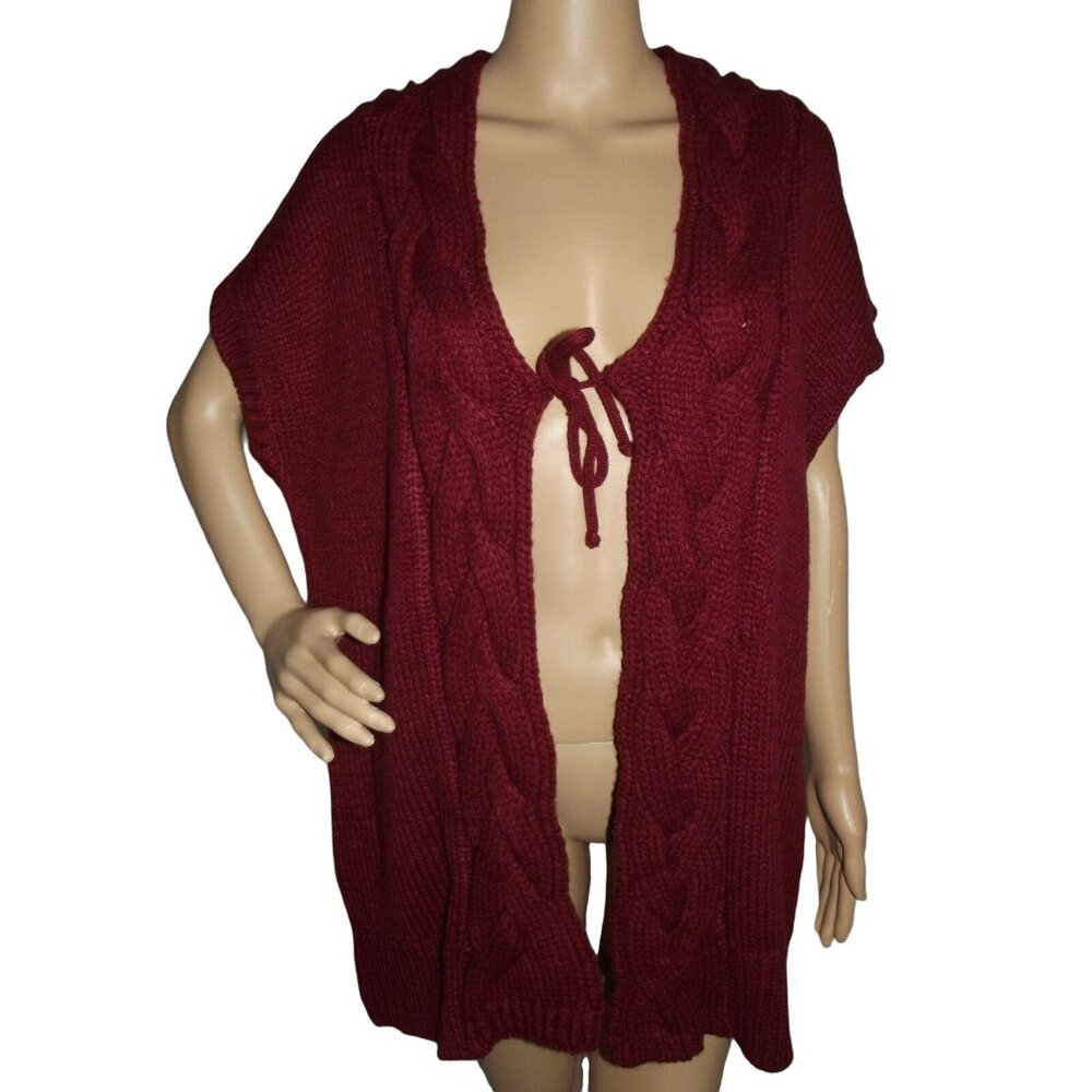 NKD Cardigan Sweater Womens Size 14 Burgundy Red Long Cable Knit Tie Front cap